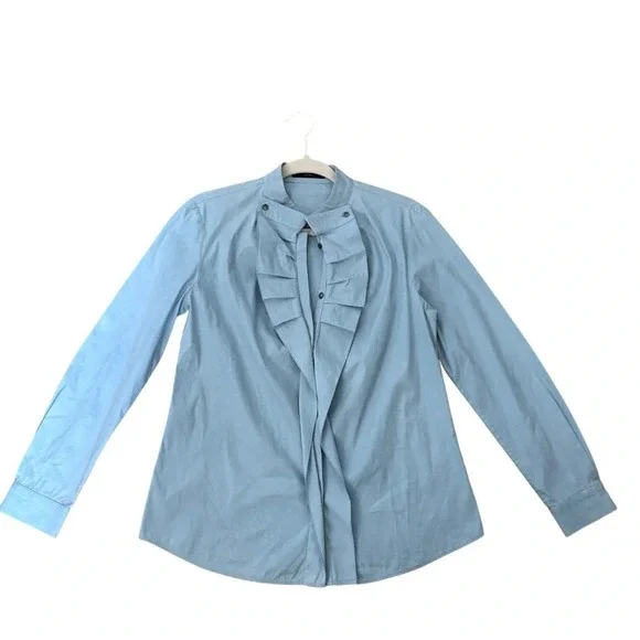 Piazza Sempione Light Blue Ruffle Button Down Shirt Blouse Made in Italy Sz M/8 - Picture 3 of 16